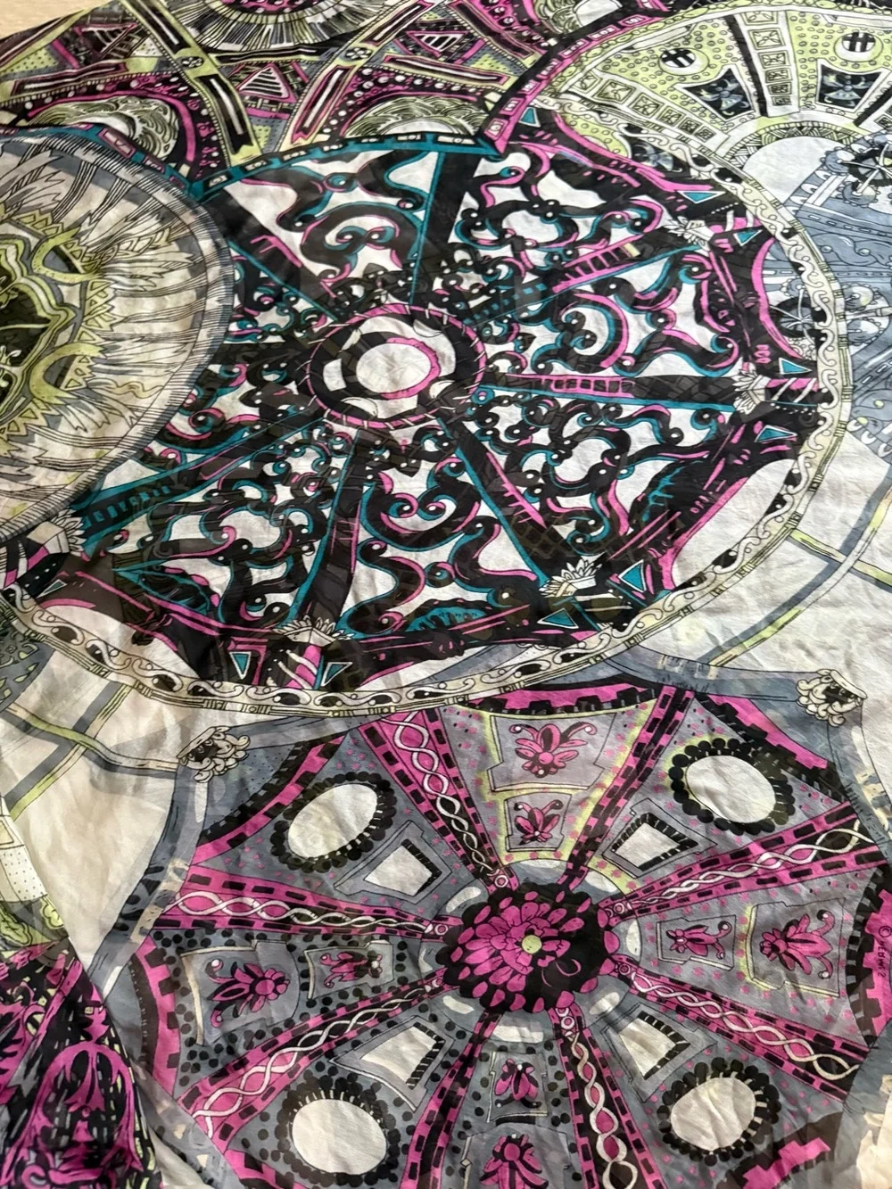 Circular Medallion in Pink, Green, Gray scarf- silk I think